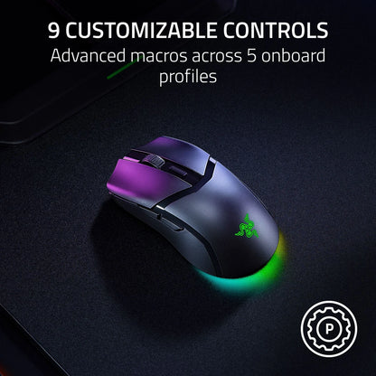 RGB gaming mouse with custom controls and advanced macros for 5 profiles on black surface