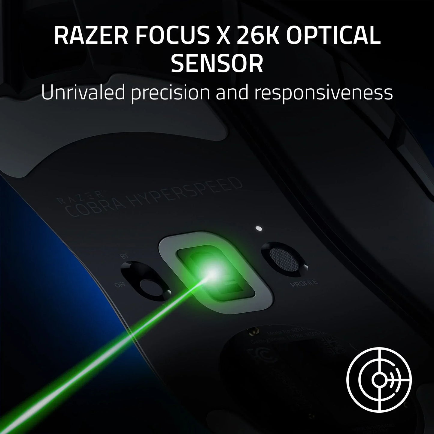 Close-up of Razer Cobra Hyperspeed mouse bottom showing glowing green Razer Focus X 26K optical sensor