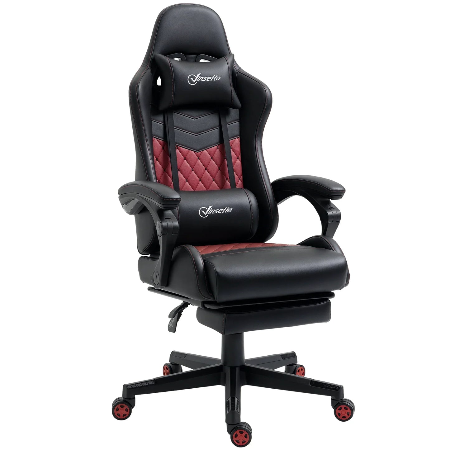 Vinsetto black and red ergonomic gaming chair with lumbar and neck support pillows, adjustable armrests, and caster wheels