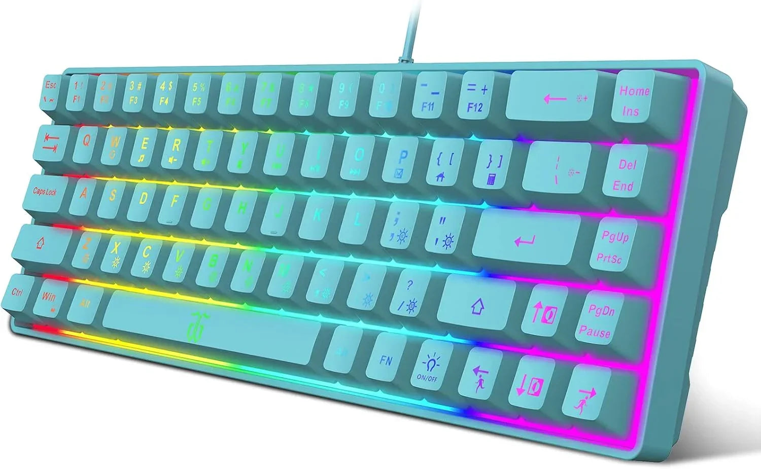 Retro 8-bit style RGB gaming keyboard with cyan keycaps, lit in rainbow colors, Byte Style
