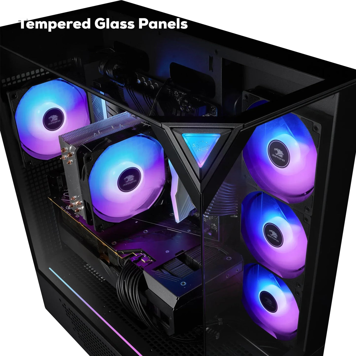 Gaming PC with tempered glass panels and RGB cooling fans illuminated in blue and purple
