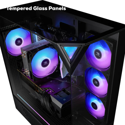 Gaming PC with tempered glass panels and RGB cooling fans illuminated in blue and purple