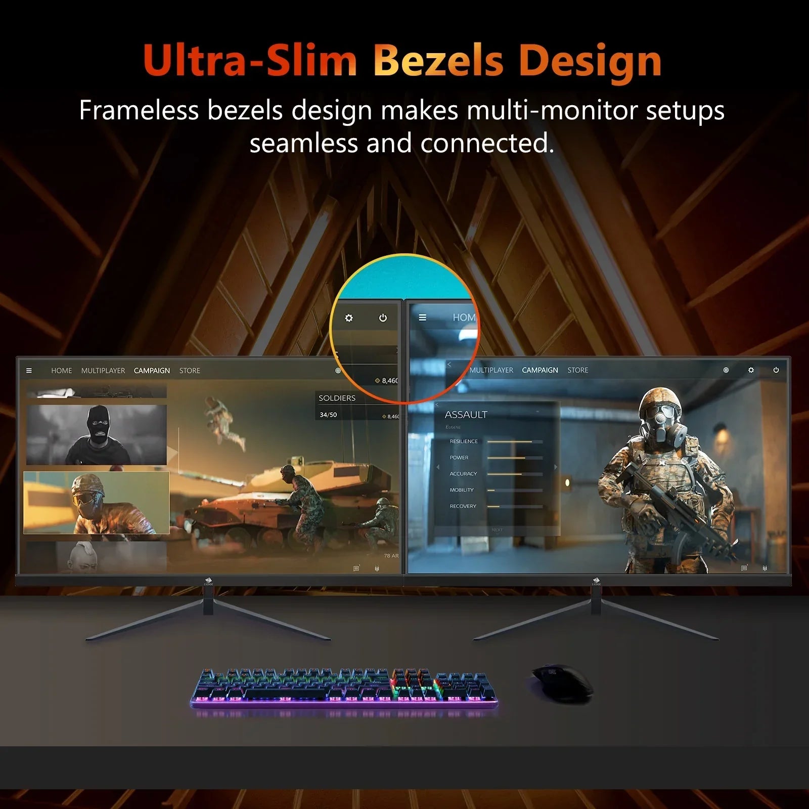 Dual ultra-slim bezel gaming monitors side by side showing tactical shooter game, RGB keyboard and mouse