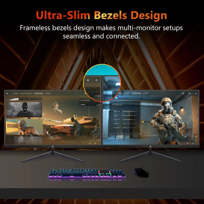 Dual ultra-slim bezel gaming monitors side by side showing tactical shooter game, RGB keyboard and mouse