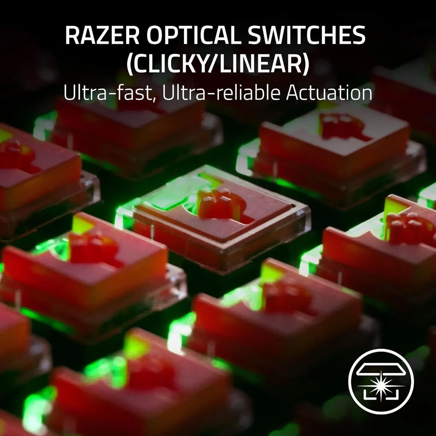 Close-up of Razer optical keyboard switches with RGB lighting, ultra-fast actuation, Byte Style