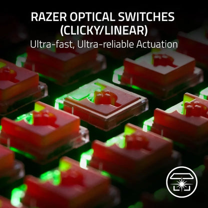 Close-up of Razer optical keyboard switches with RGB lighting, ultra-fast actuation, Byte Style