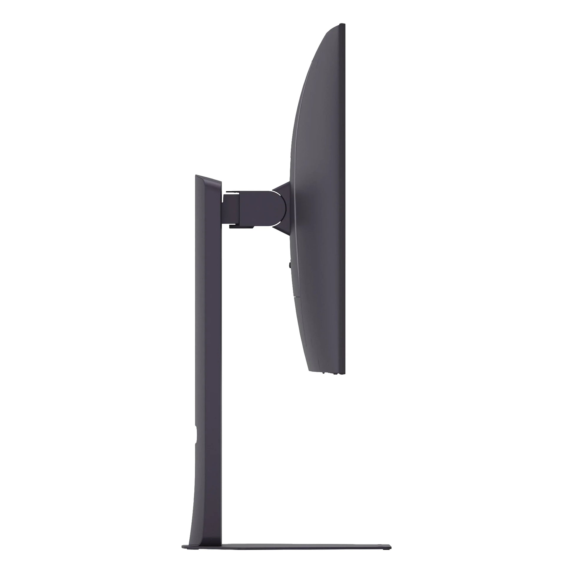 Side view of a slim black computer monitor with adjustable stand on white background