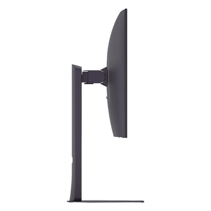 Side view of a slim black computer monitor with adjustable stand on white background