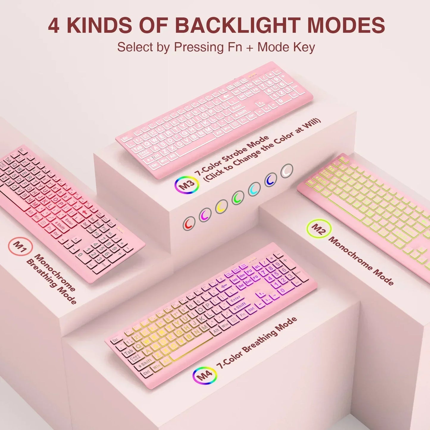 Four pink gaming keyboards on display showing RGB backlight modes, Byte Style retro setup