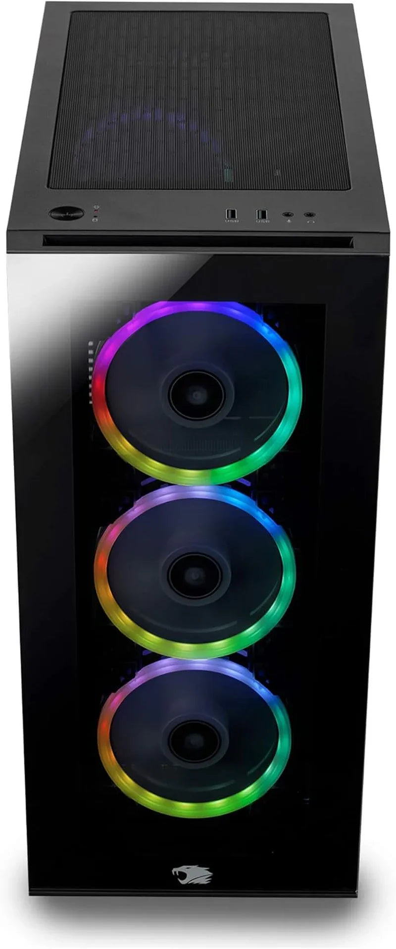 Gaming PC tower with three RGB LED cooling fans in black case and front transparent panel