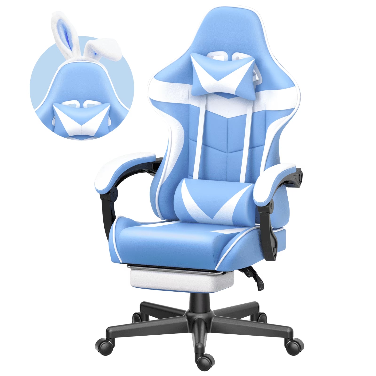 Blue and white gaming chair with bunny ears, ergonomic design, adjustable armrests, and lumbar support for gamers