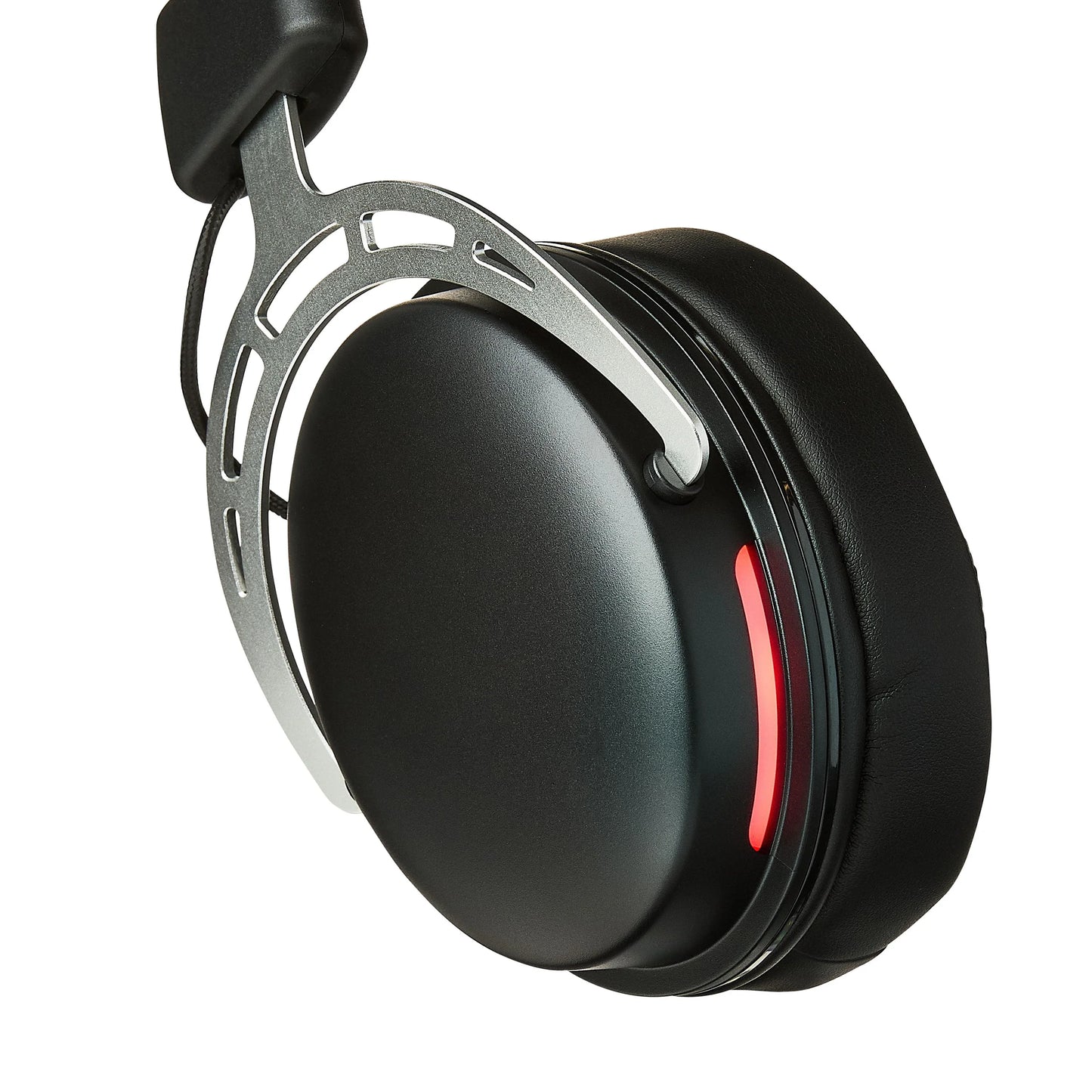 Close-up of black over-ear headphone with metal frame and red accent on earcup