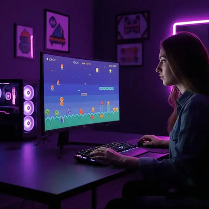 Young woman gaming on desktop computer with retro pixel platformer game in purple lit room