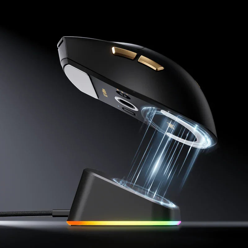 Wireless gaming mouse levitating on RGB charging dock with glowing blue energy field