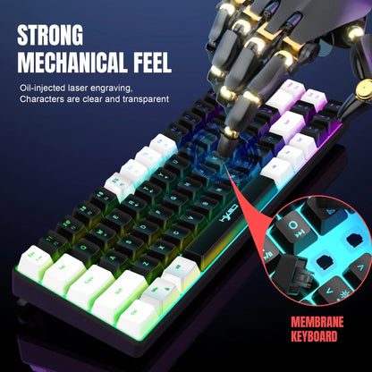 Black and white membrane gaming keyboard with RGB backlighting and robotic hand pressing key
