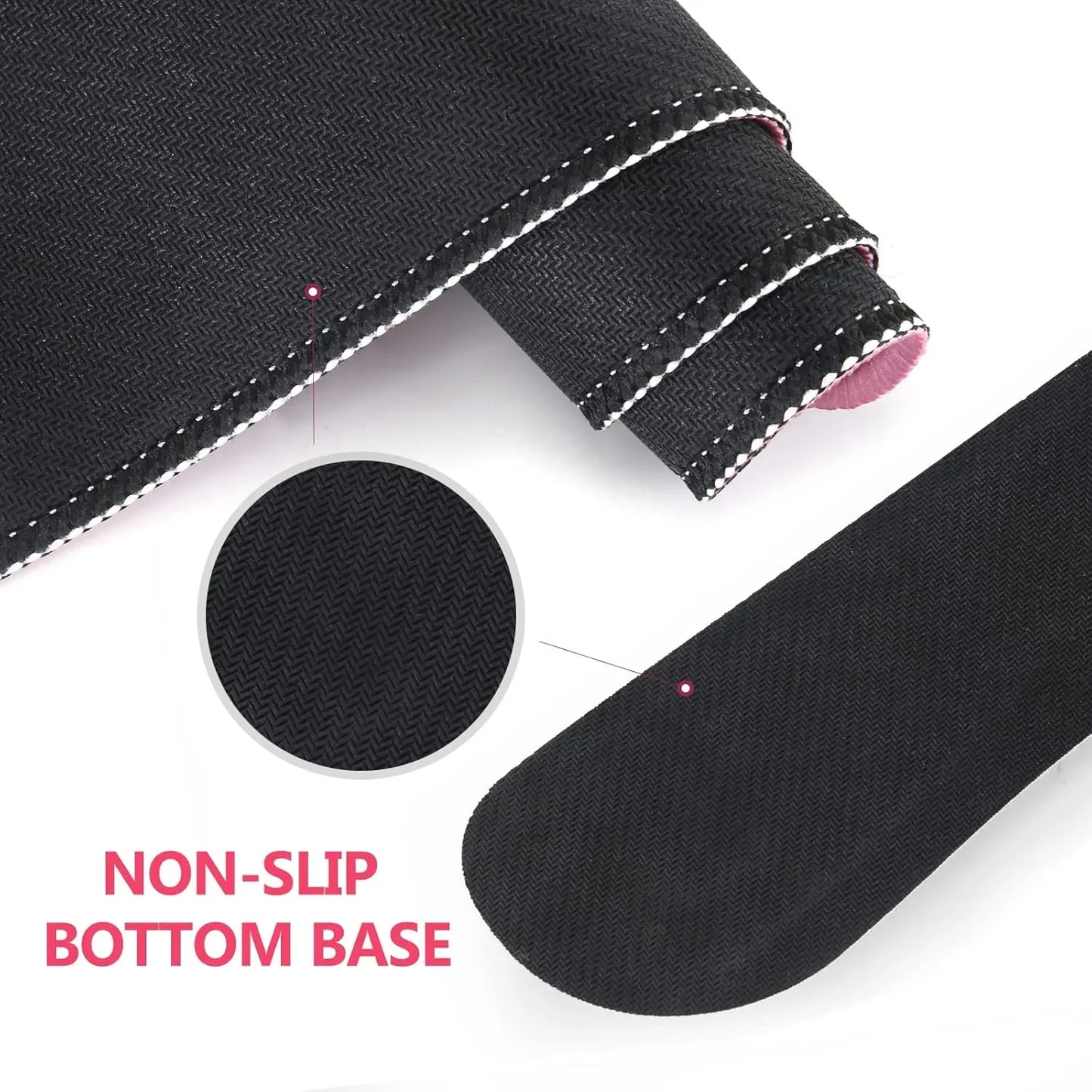 Black non-slip gaming mouse pad with close-up of textured bottom base and stitched edge