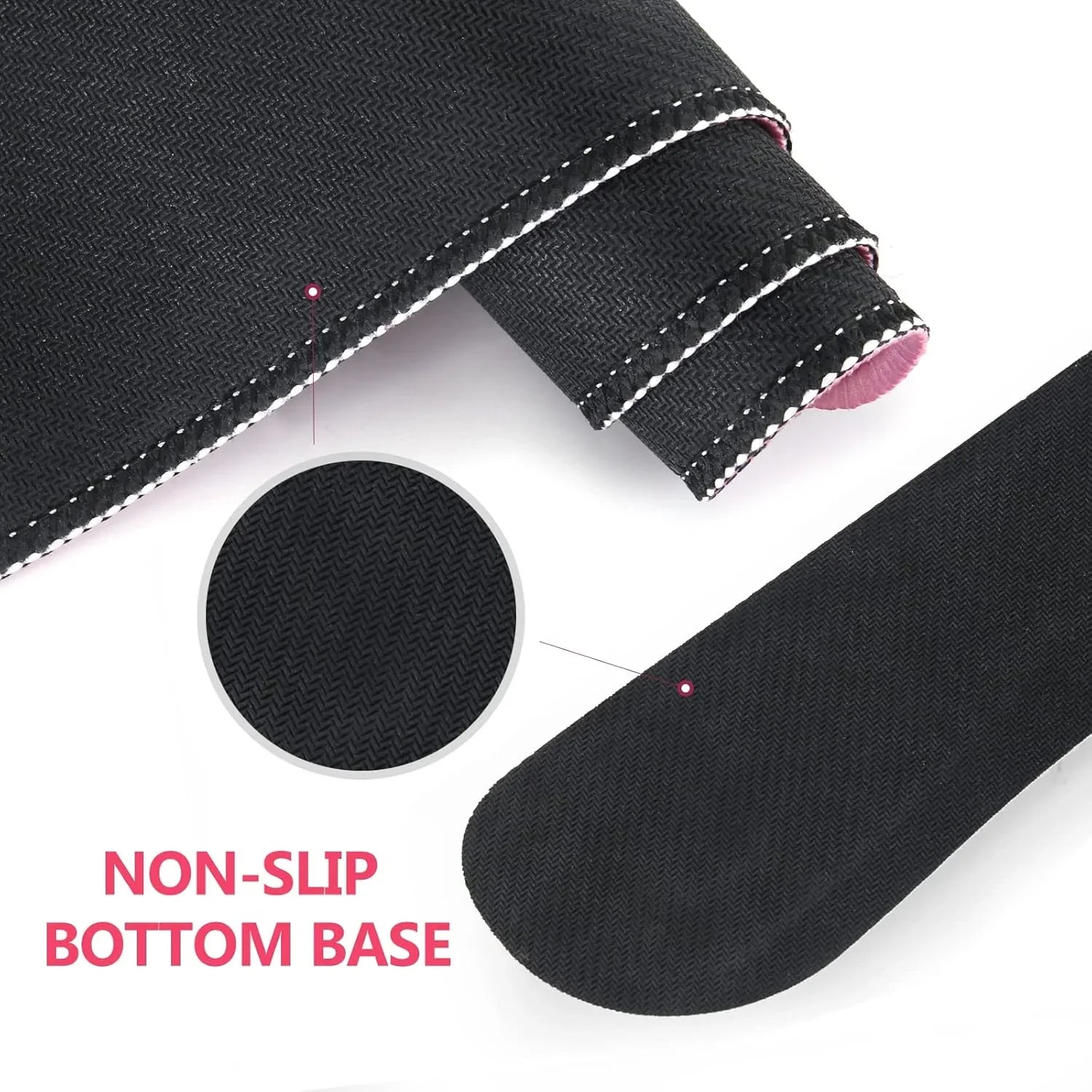 Black non-slip gaming mouse pad with close-up of textured bottom base and stitched edge