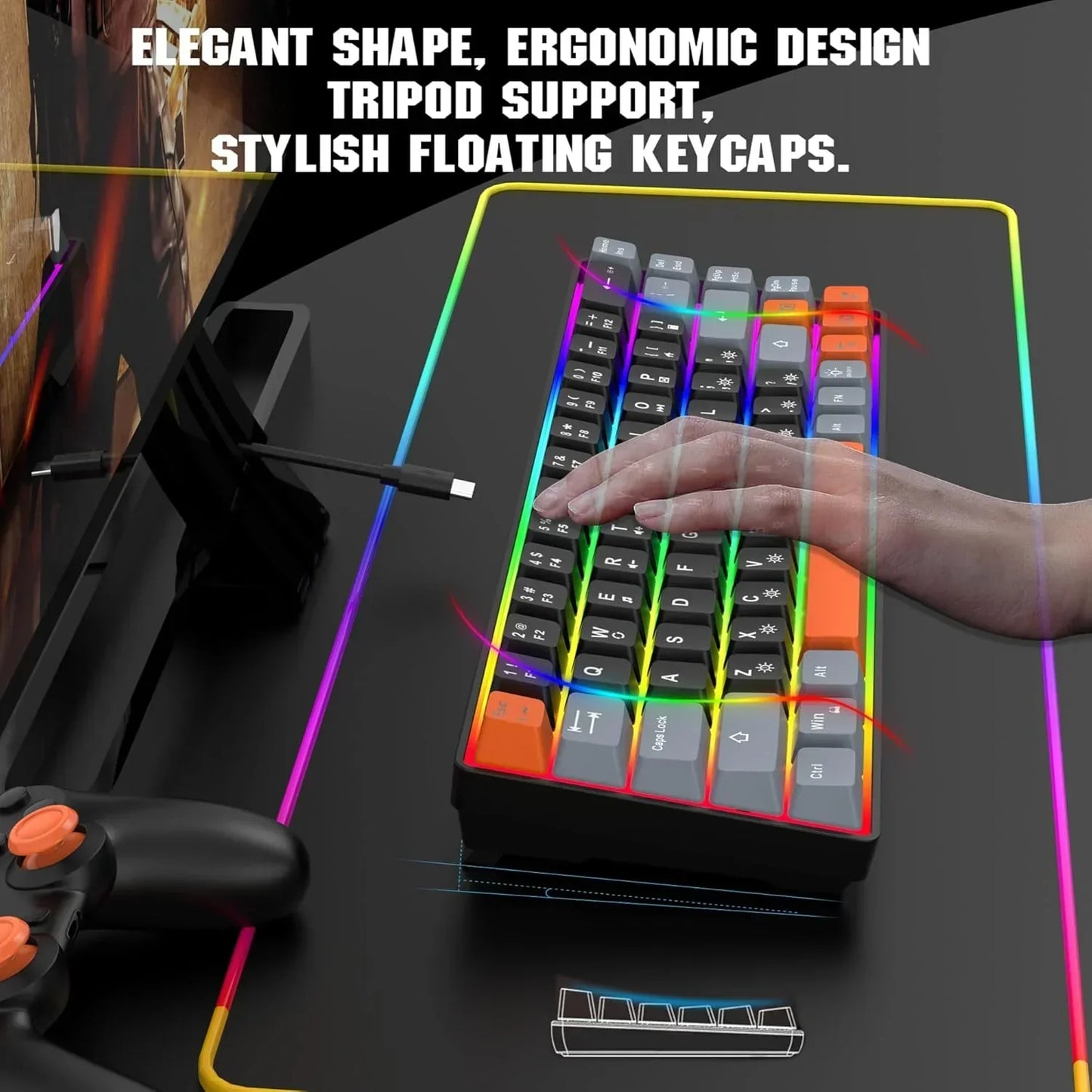 RGB gaming keyboard with ergonomic design, floating keycaps, and hand using keys on desk