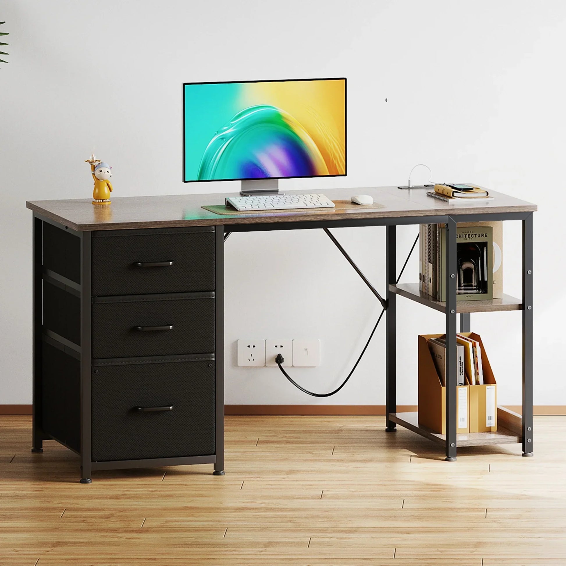 51 Inch Computer Desk with File Drawers & USB Power Outlets- Reversible Home Office Desk with Storage Shelves, Work from Home, Writing Table for Bedroom, Gray Oak