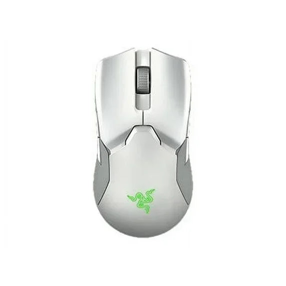 White wireless gaming mouse with green illuminated logo, top view, on white background