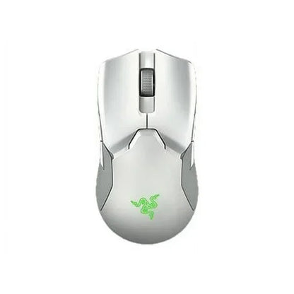 White wireless gaming mouse with green illuminated logo, top view, on white background