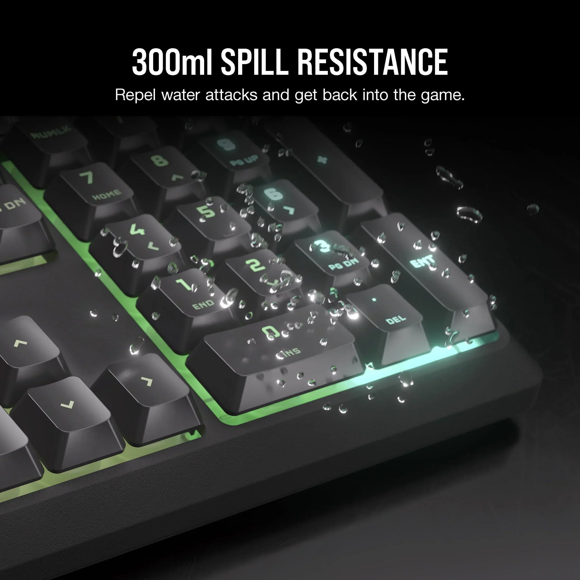RGB gaming keyboard with water droplets demonstrating 300ml spill resistance from Byte Style