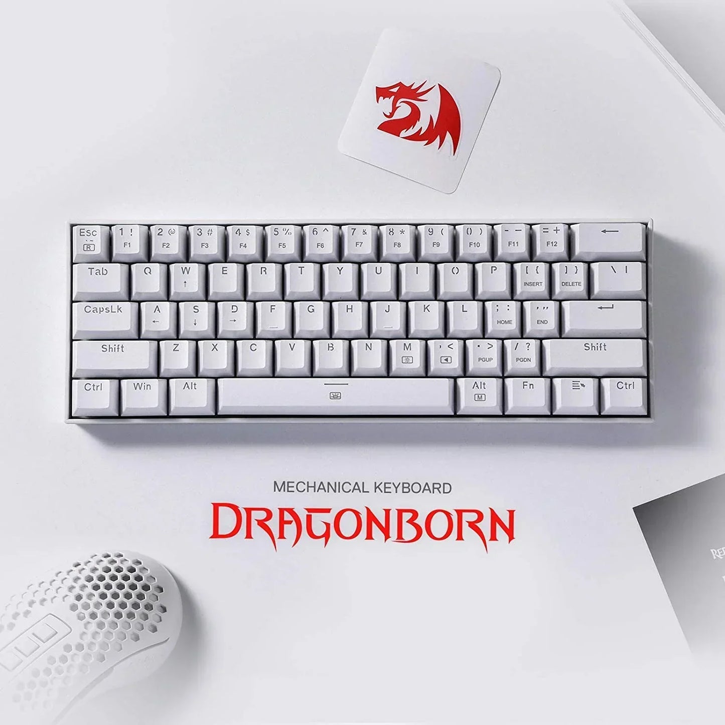 White mechanical keyboard and gaming mouse on a desk, Dragonborn branding, Byte Style retro gaming gear