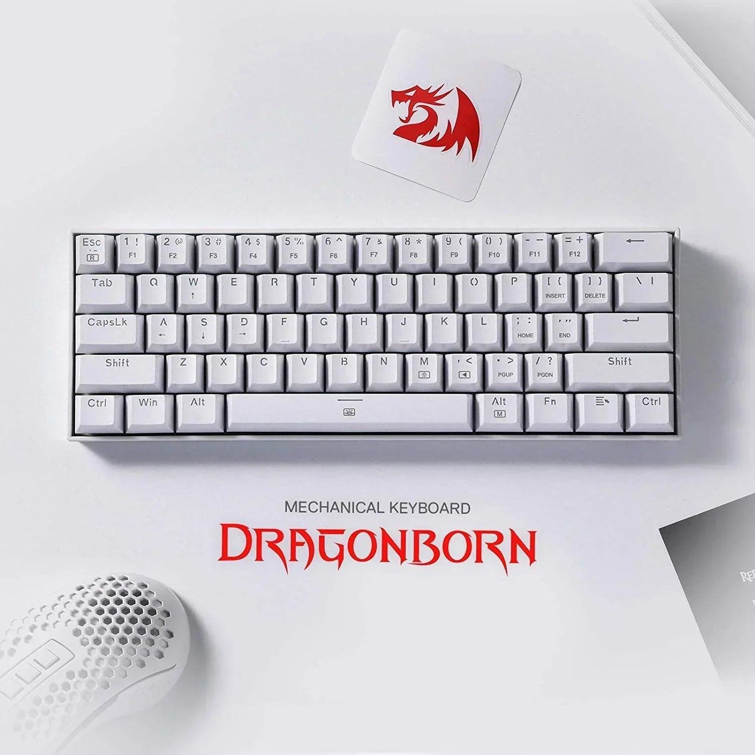 White mechanical keyboard and gaming mouse on a desk, Dragonborn branding, Byte Style retro gaming gear