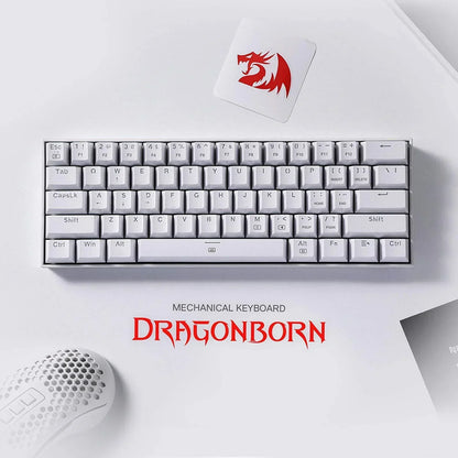White mechanical keyboard and gaming mouse on a desk, Dragonborn branding, Byte Style retro gaming gear