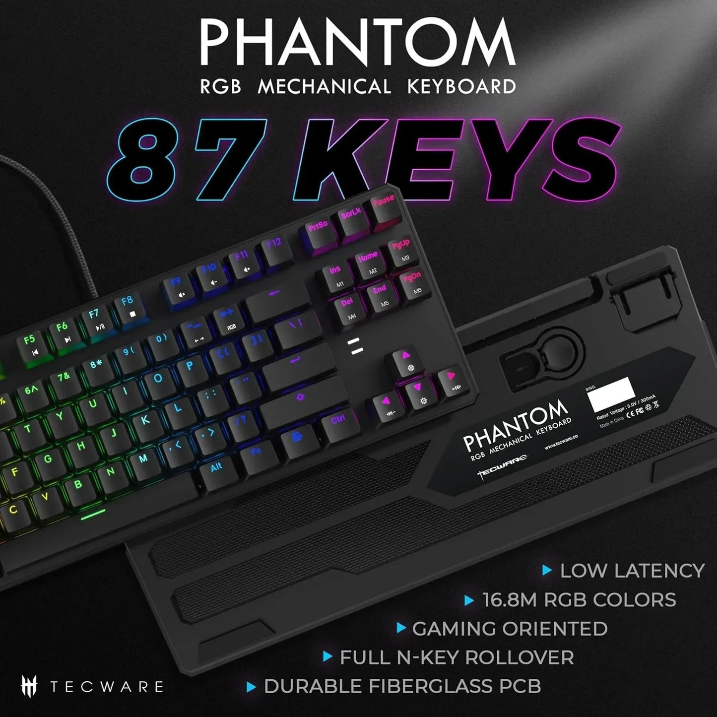 Phantom RGB mechanical gaming keyboard, 87 keys, illuminated in rainbow colors, displayed on black background, Byte Style modern gaming gear.