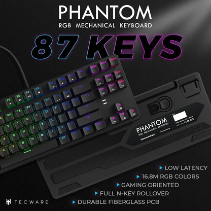 Phantom RGB mechanical gaming keyboard, 87 keys, illuminated in rainbow colors, displayed on black background, Byte Style modern gaming gear.