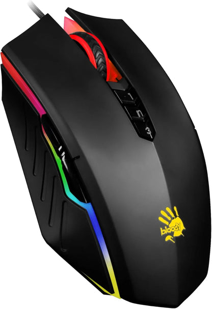 Black gaming mouse with RGB lighting, red scroll wheel, and Bloody logo