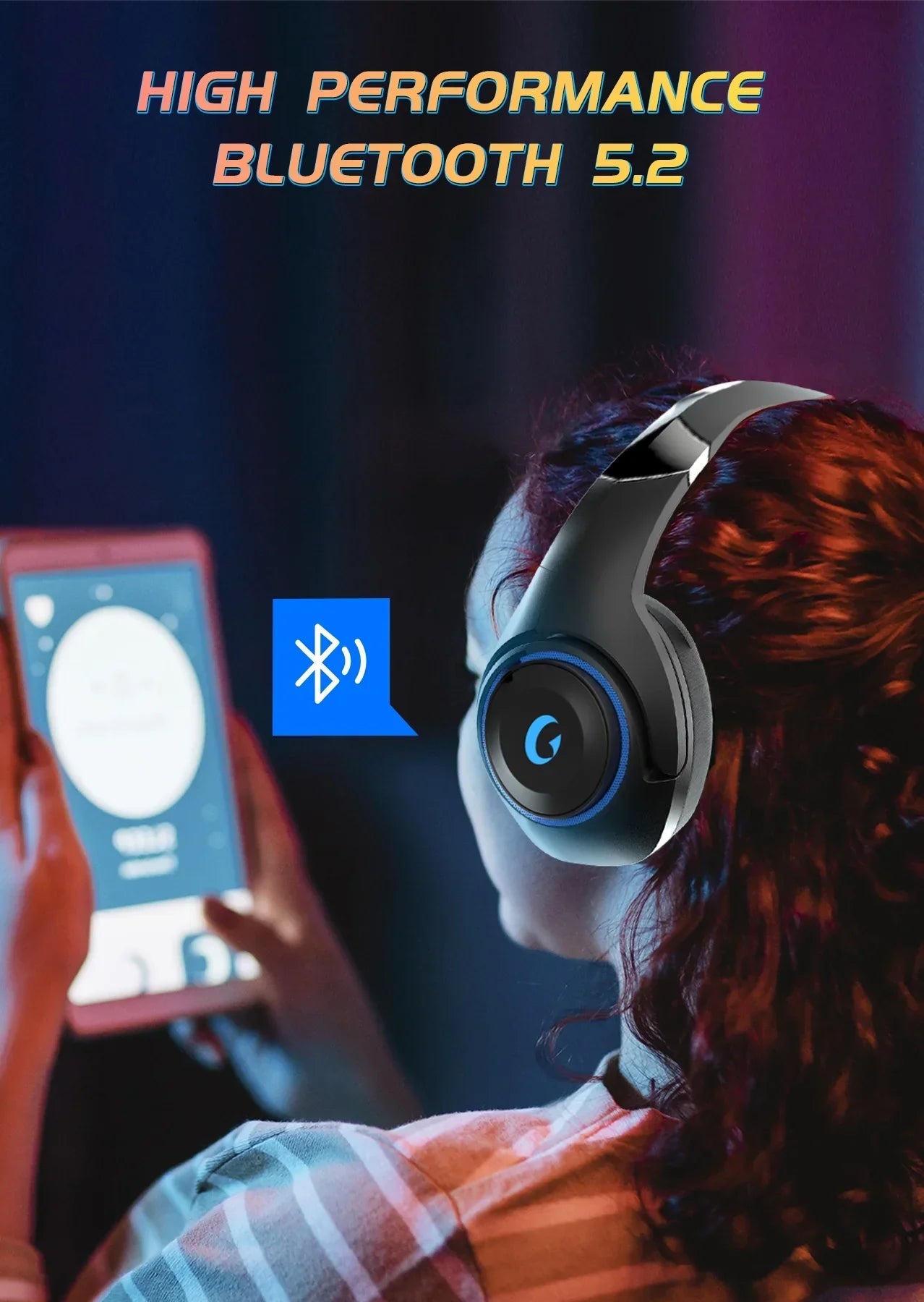 Woman wearing black Bluetooth headphones using tablet with high performance Bluetooth 5.2 text