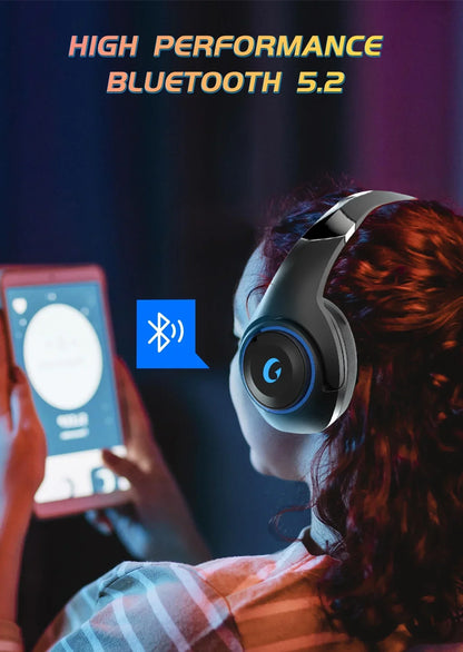 Woman wearing black Bluetooth headphones using tablet with high performance Bluetooth 5.2 text