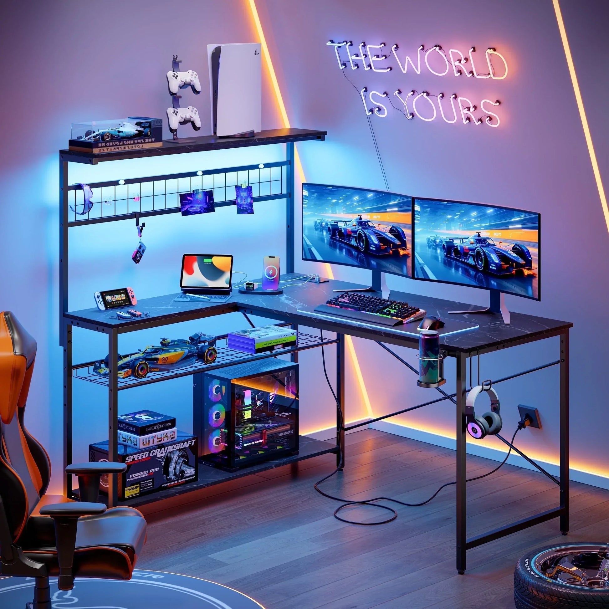 51 L Shaped Gaming Desk with Power Outlets, LED Workstation with 4 Tiers Shelves for Home Office, Gamer Reversible Table with Hooks and Cup Holder, Black Carbon Fiber