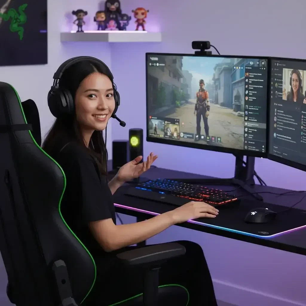 Young woman gamer with headset streaming video game on dual monitors in a modern gaming setup