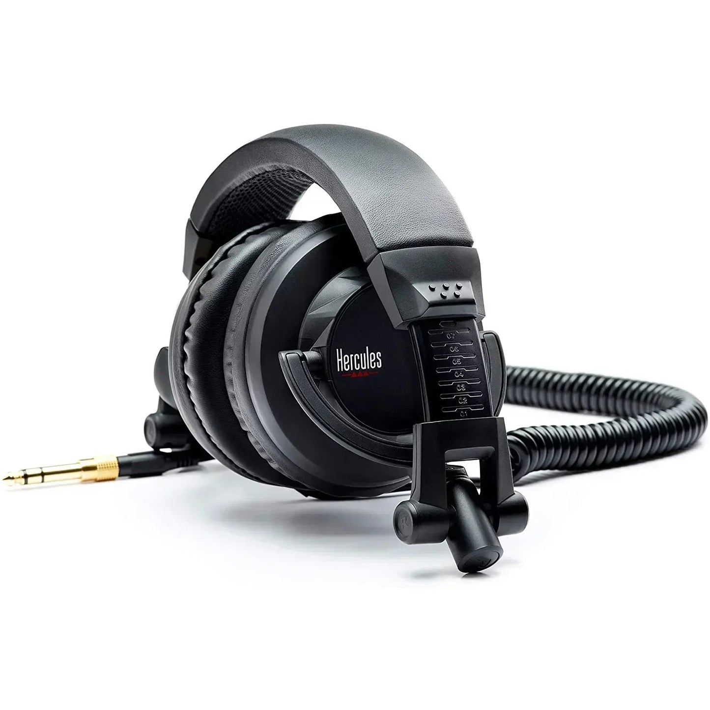 Black over-ear gaming headset with padded headband and coiled audio cable