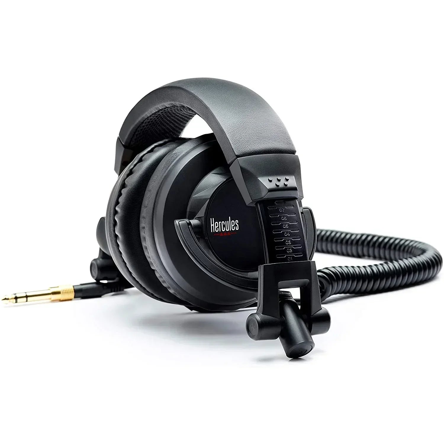 Black over-ear gaming headset with padded headband and coiled audio cable