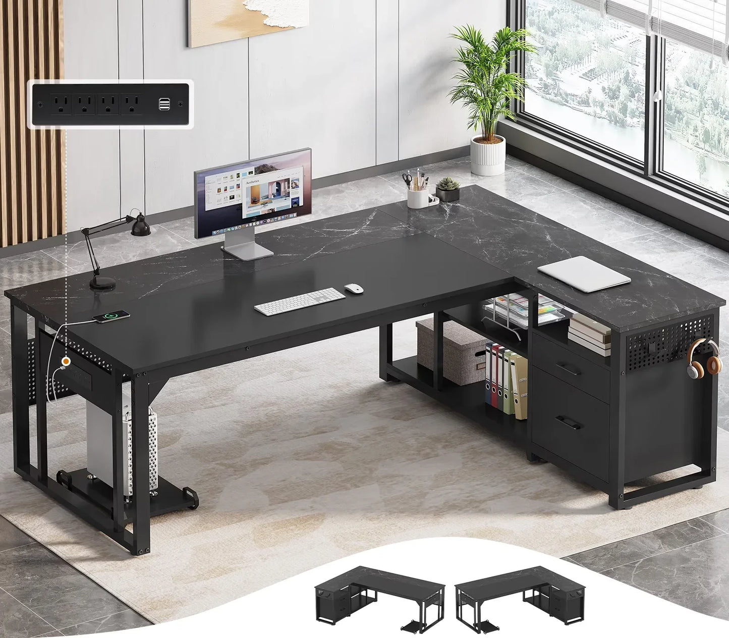 71" Executive Desk with Power Outlets, Modern L Shaped Office Desk with File Drawers and Pegboard, Large Computer Desk, Marble Black