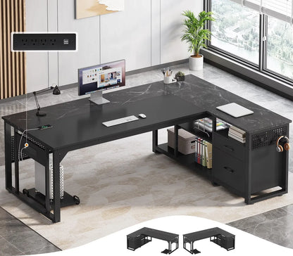 71" Executive Desk with Power Outlets, Modern L Shaped Office Desk with File Drawers and Pegboard, Large Computer Desk, Marble Black