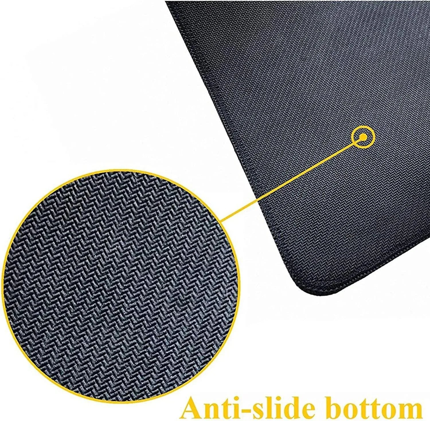 Close-up of black textured fabric mouse pad with anti-slide bottom for gaming setup