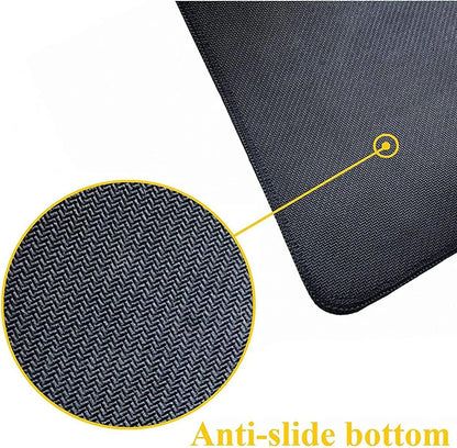 Close-up of black textured fabric mouse pad with anti-slide bottom for gaming setup