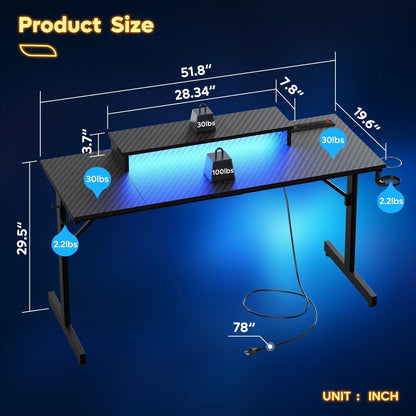 Carbon fiber gaming desk with dimensions and weight limits, featuring dual-tier design and LED lighting
