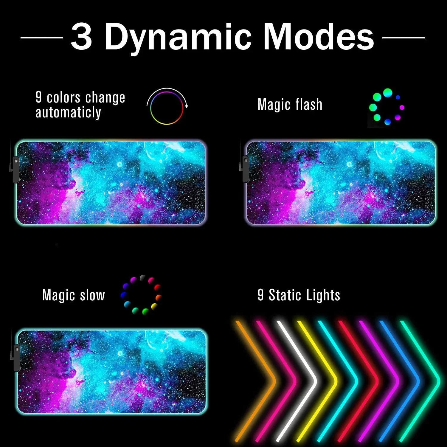 Byte Style RGB gaming mousepad with 3 dynamic lighting modes: auto color change, magic flash, magic slow, and 9 static LED colors