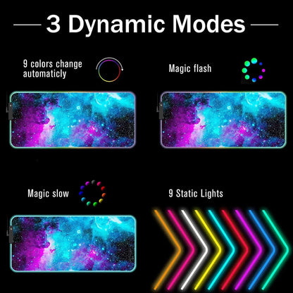 Byte Style RGB gaming mousepad with 3 dynamic lighting modes: auto color change, magic flash, magic slow, and 9 static LED colors