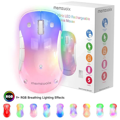 RGB wireless gaming mouse with rainbow LED lighting, rechargeable, shown with packaging.