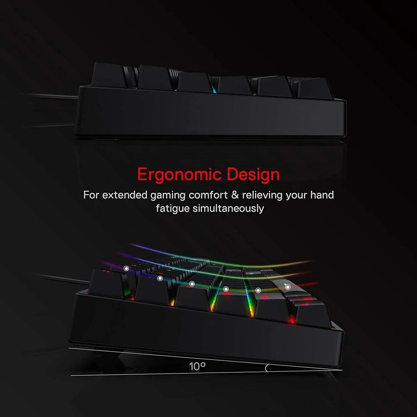 Ergonomic RGB gaming keyboard with adjustable tilt, designed for comfort and extended gaming