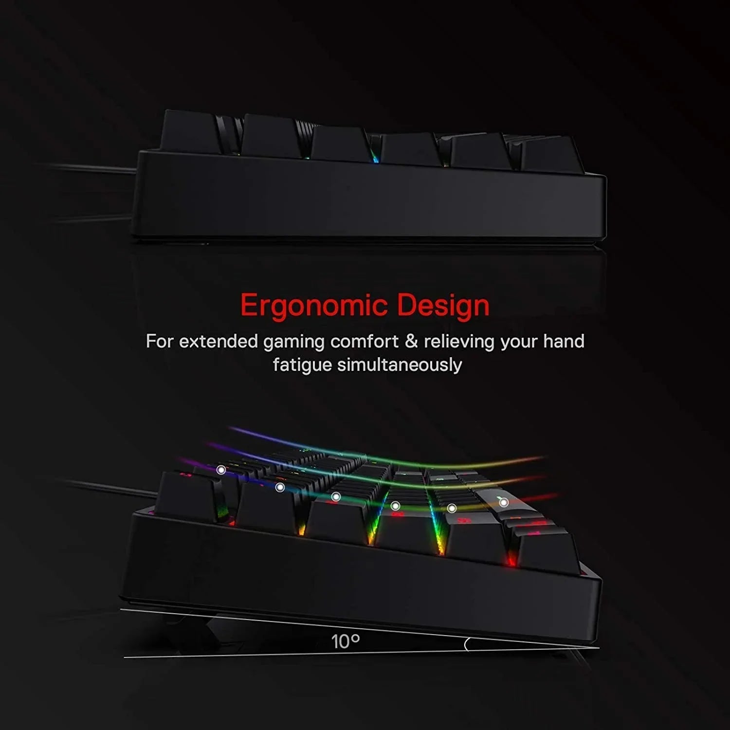 Ergonomic RGB gaming keyboard with adjustable tilt, designed for comfort and extended gaming