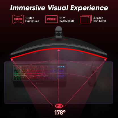Curved gaming monitor with 1000R curvature, 21:9 WQHD 3440x1440 resolution, and 3-sided thin bezel
