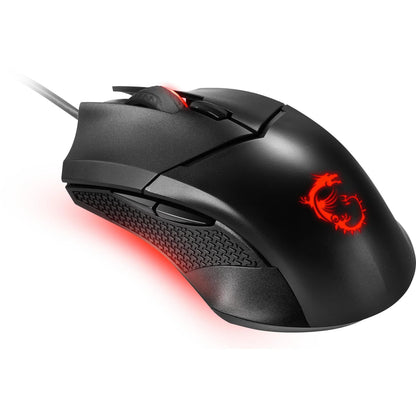 Black wired gaming mouse with red LED dragon logo and side buttons on white background